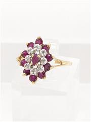 10K Solid Yellow Gold Ruby & Diamond Double Halo Cluster Cocktail Ring Size 6.5